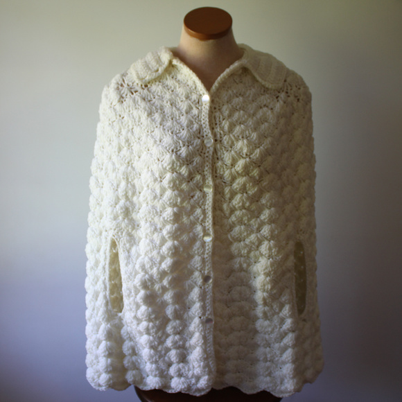 Vintage White Heavy Handmade Crochet Shawl